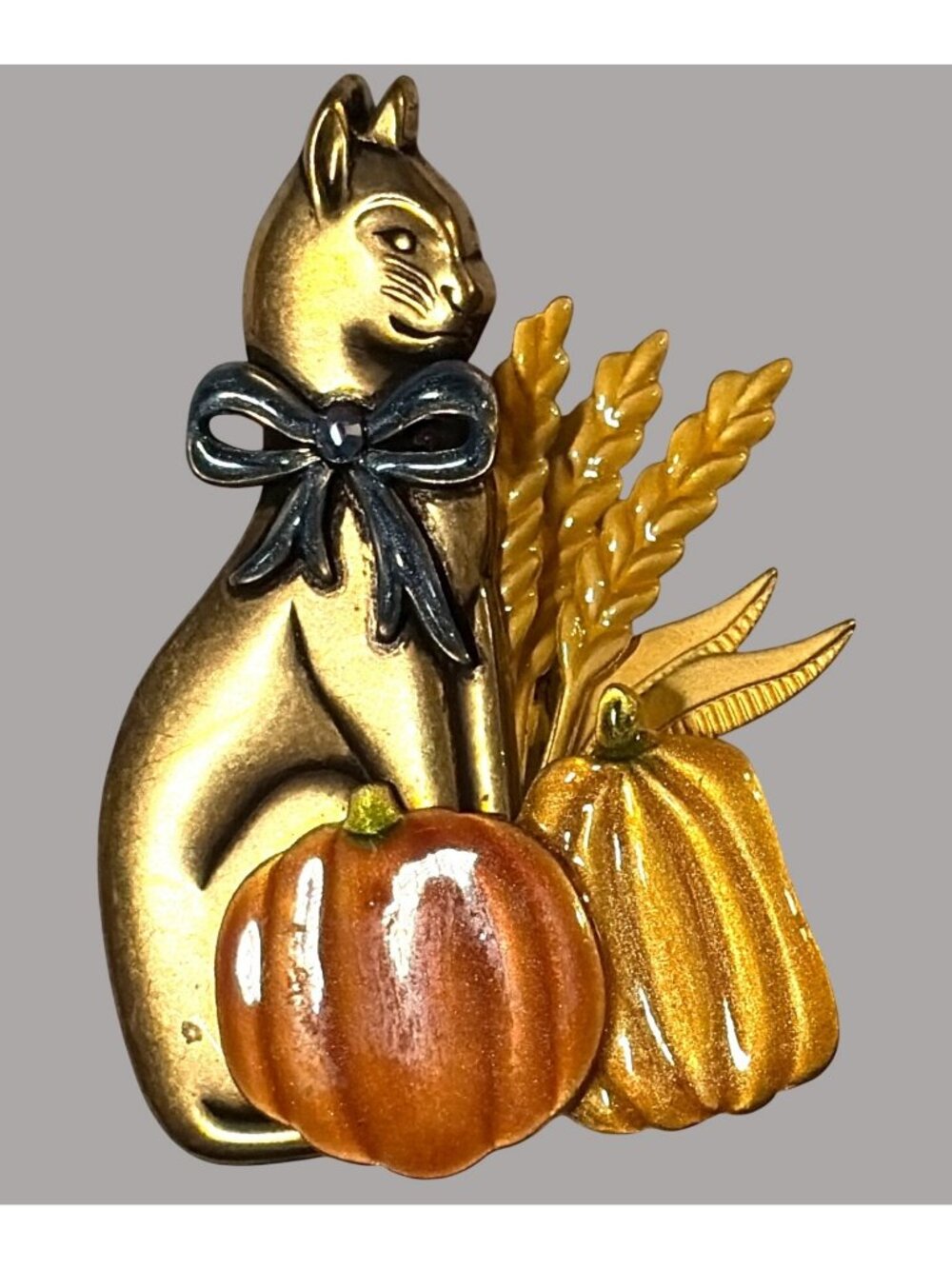 Cat Figurine With Pumpkins and Wheat Fall Themed Brooch Pin
